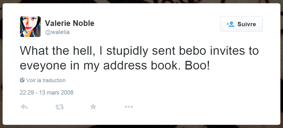 Screen d'un tweet de Valerie Noble qui se plaint du fait que Bebo ait spammé tout son carnet d'adresse.