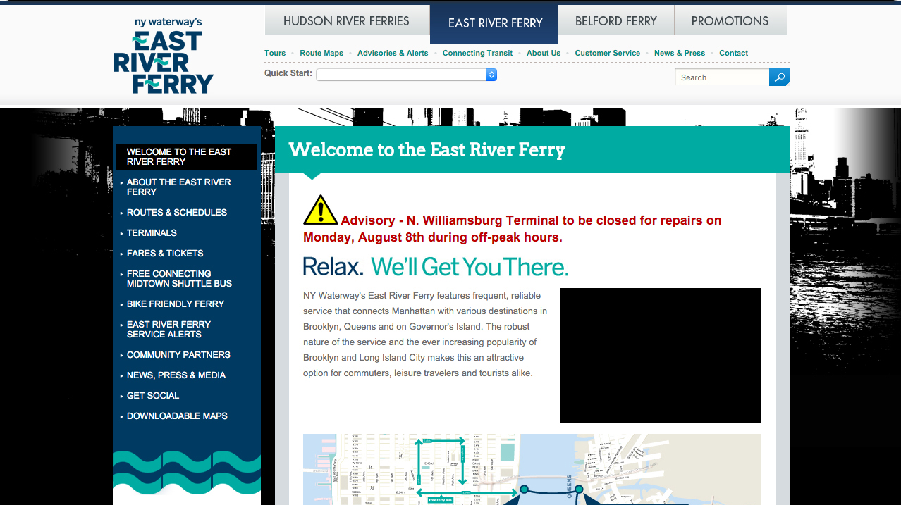 Capture d'écran du site de l'East River Ferry avec un message d'information en rouge et un icône jaune flash qui n'ont aucun cohérence avec le reste du design.