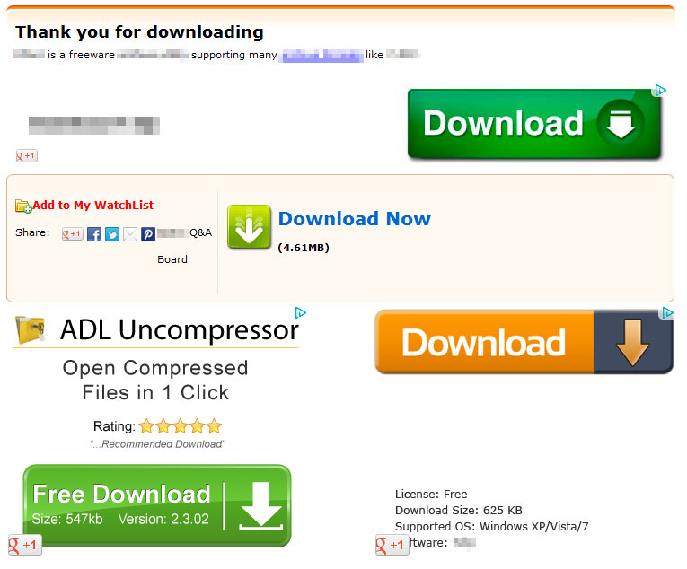 Screen d'une page de téléchargement proposant plusieurs boutons 'télécharger' qui mènent certainemet à des pubs ou des sites douteux.