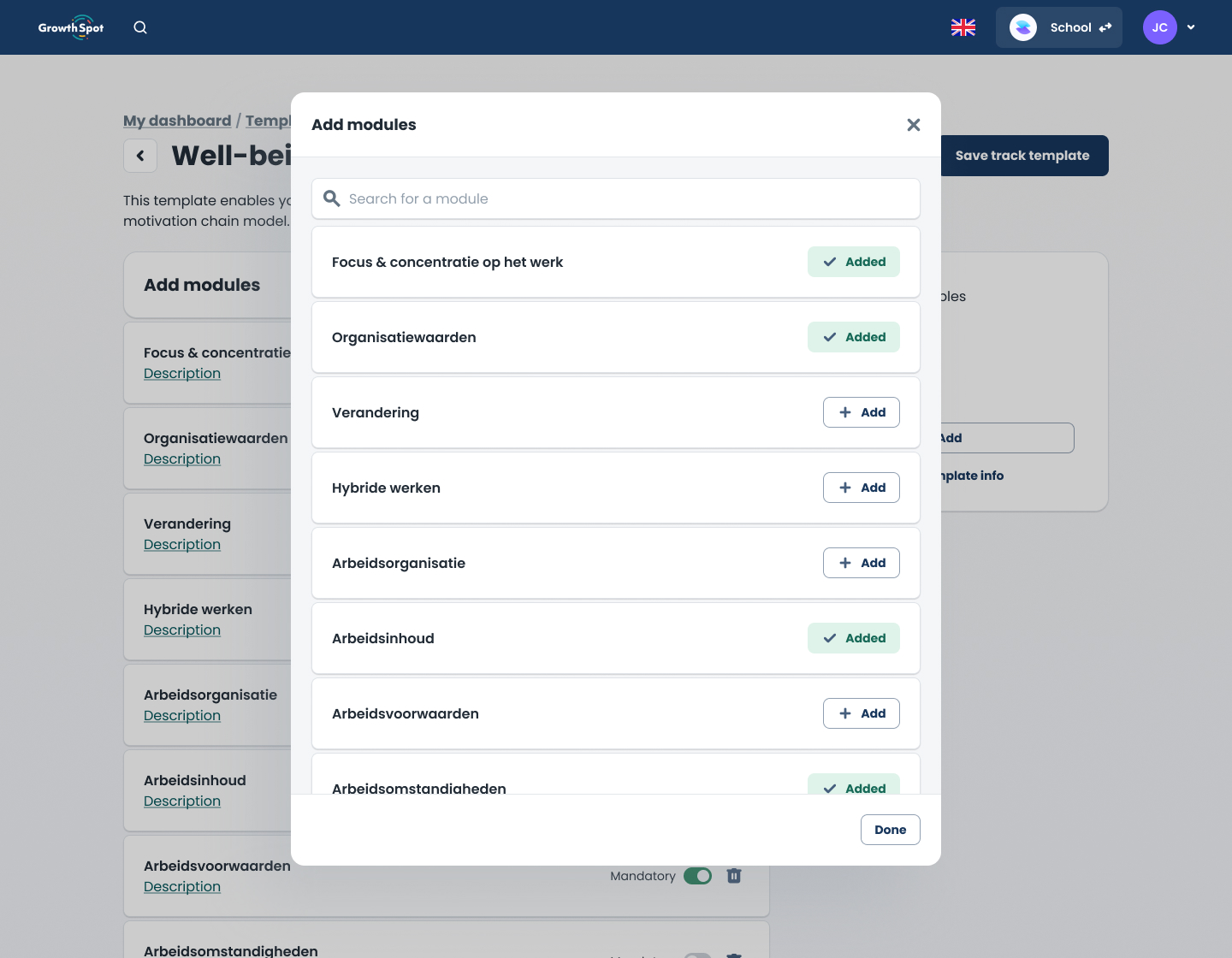 Creator interface for adding modules to a track