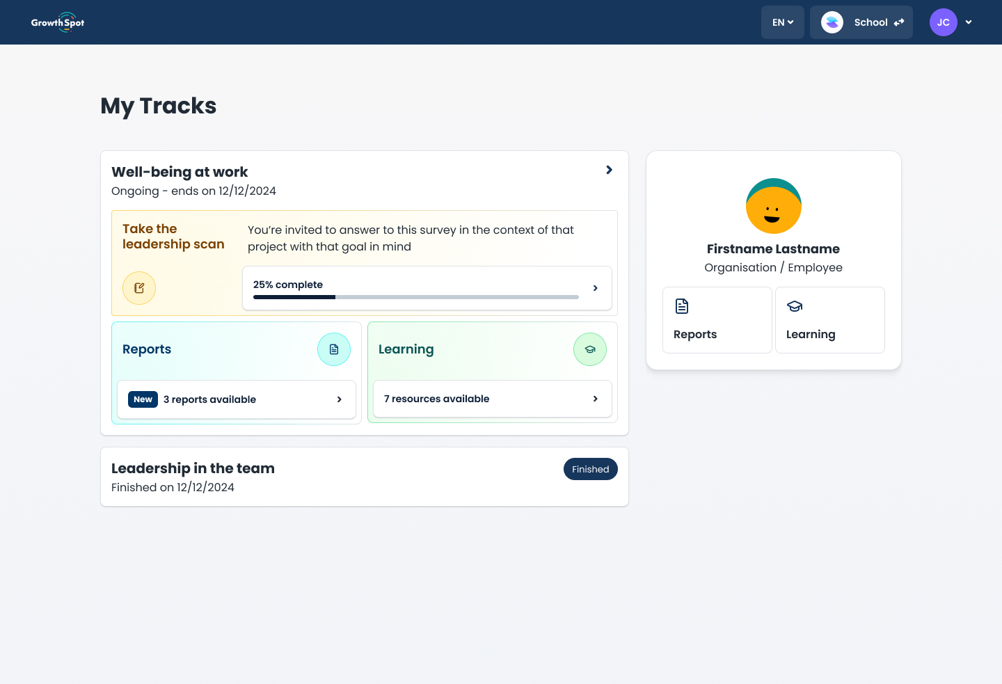 Participant's dashboard, showing the track(s) they have access to. A track shows these subsections: scan (status), reports and e-learnings. 