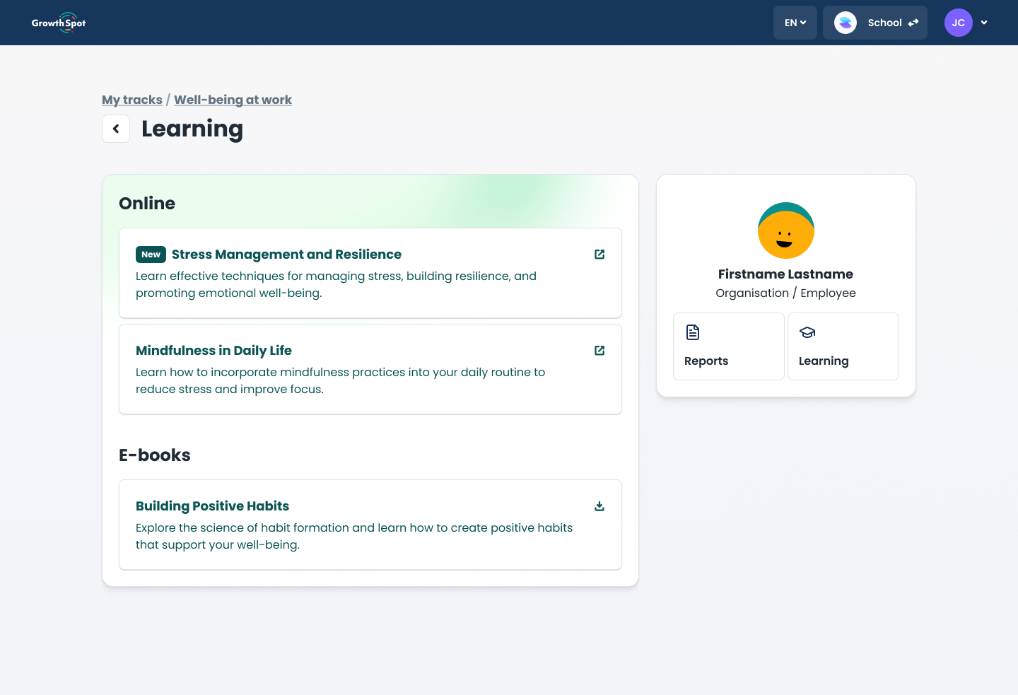 An interface showiong the learning resources a user has access to within a track