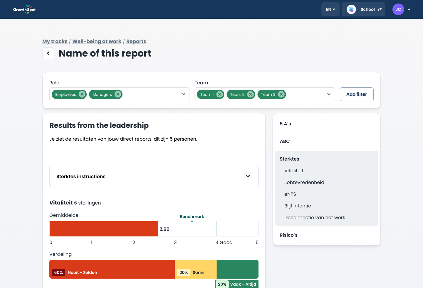 An example of report a user has access to showing filters, chapters and charts.