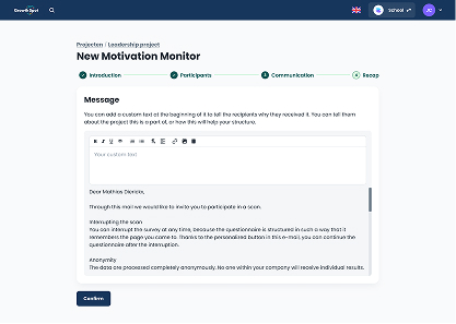 Step 4 of the redesigned form flow, showing the communication customization: a WYSIWYG editor