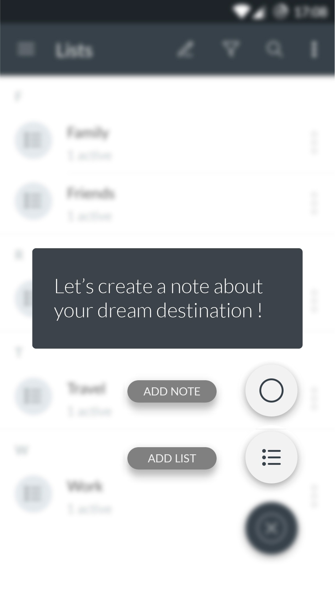 Ecran de l'application demandant de créer une nouvelle note au sujet de notre voyage de rêve.