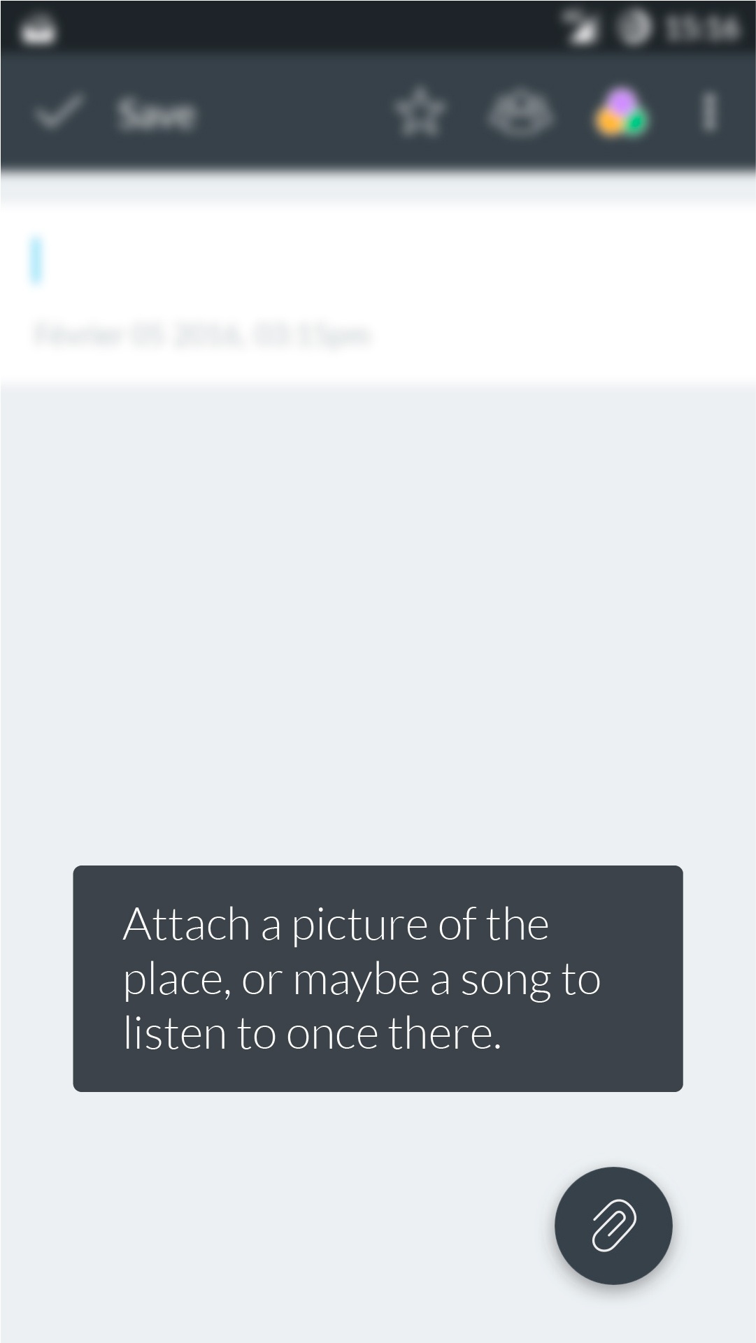Ecran de prise de note qui propose d'ajouter une image ou une musique en lien avec la destination.