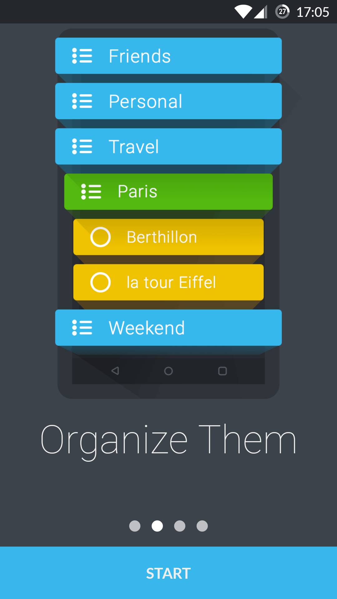 Deuxième slide de présentation, avec une illustration de hierarchie de notes dans des listes (avec les icônes de notes et de listes de l'application).